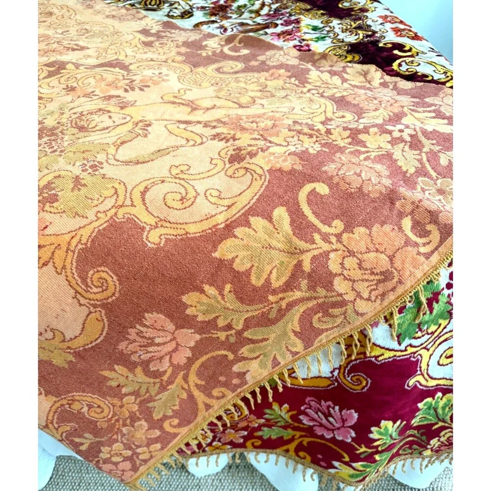 Vtg Velvet Italian Wedding Bedspread QUEEN Cherubs Red Cream 84x96” Fringe MINT
